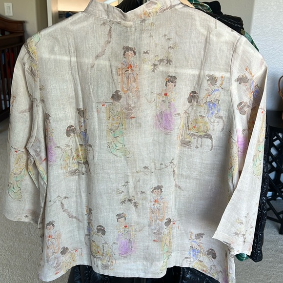 LINEN Oriental Mandarin Cropped Top Ancient Design - Picture 3 of 7